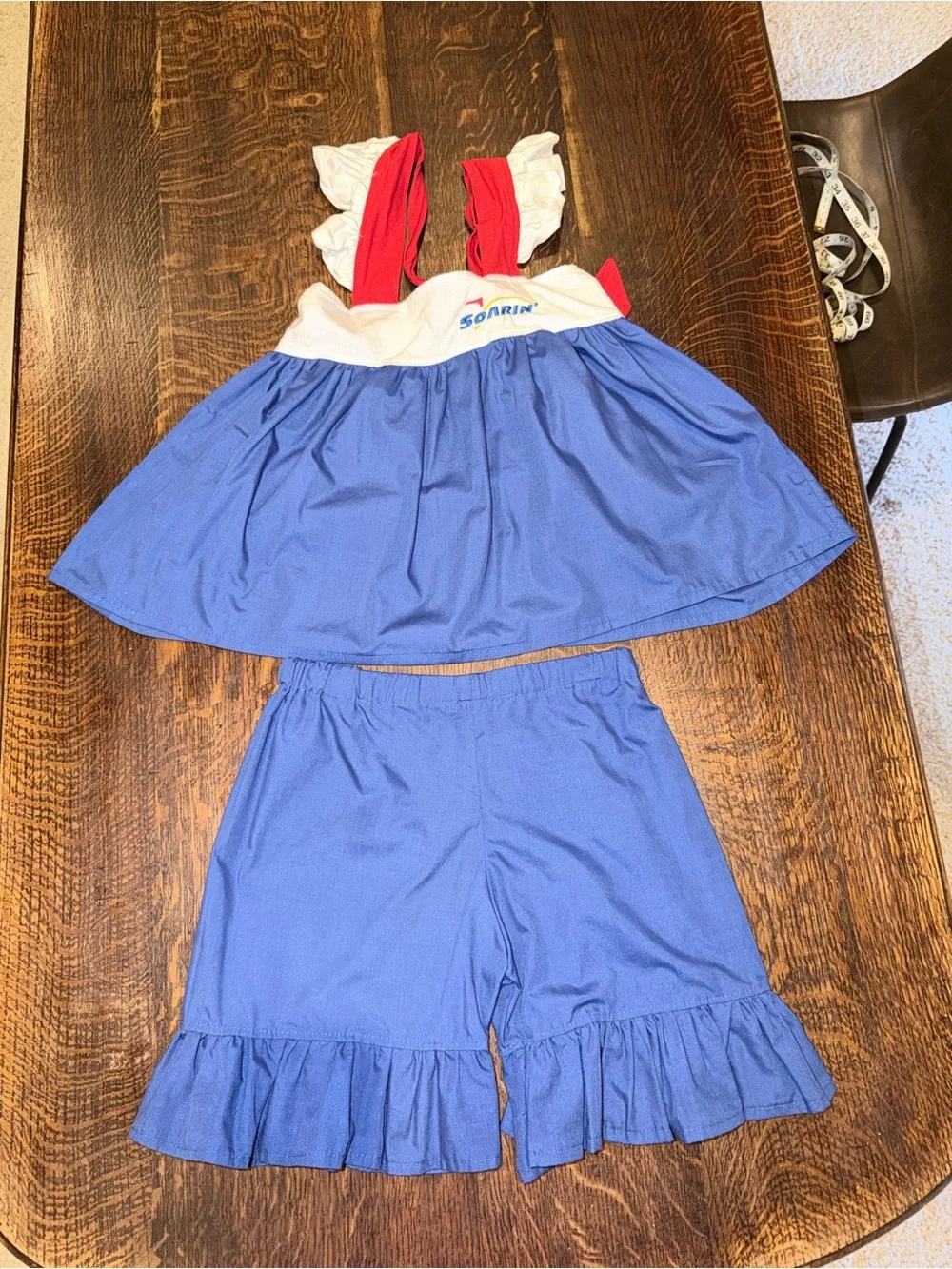 Blue & White Girls Matching Set with Red Straps